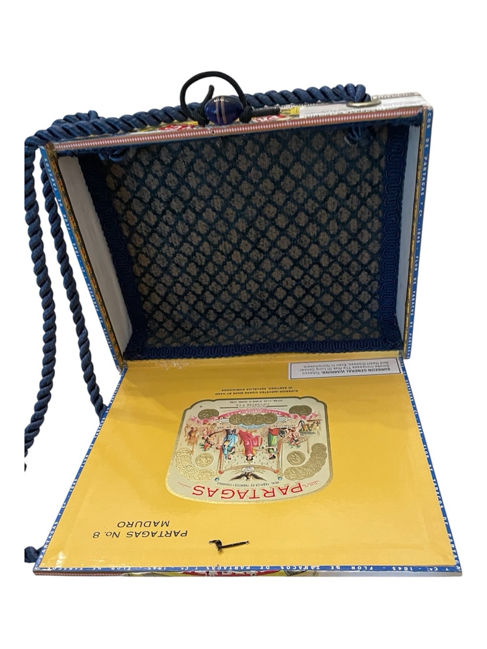 Hand Crafted Yellow Cigar Box Mini Crossbody with Navy Rope Strap - Picture 3 of 3